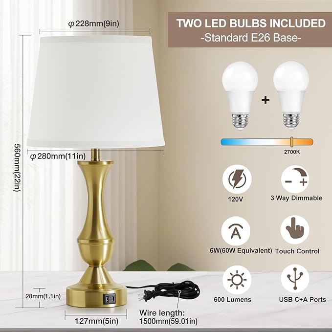 Luvkczc 22" Gold Table Lamps Set of 2 - Modern Luxury Bedside Lamps with White Fabric Shade, 3-Way Dimmable & Dual USB C+A Ports, Nightstand Lamps for Bedroom/Living Room (Bulb Included)
