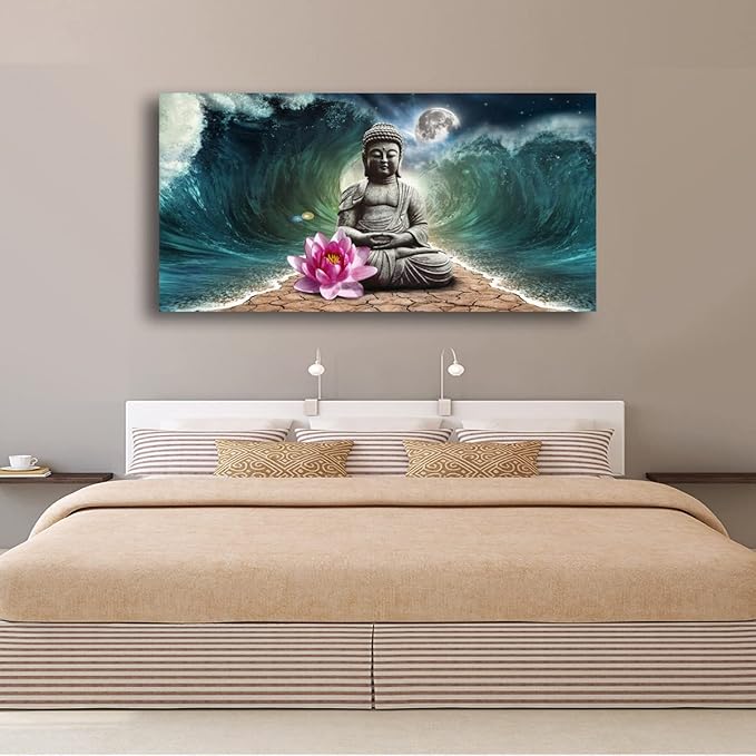 Canvas Wall Art Buddha Pictures Home Decor Grey Zen in The Background of Moon and Waves Poster Prints Painting for Living Room Bedroom Bathroom Kitchen Office Decoration Hindu Artwork 24x48 Inches