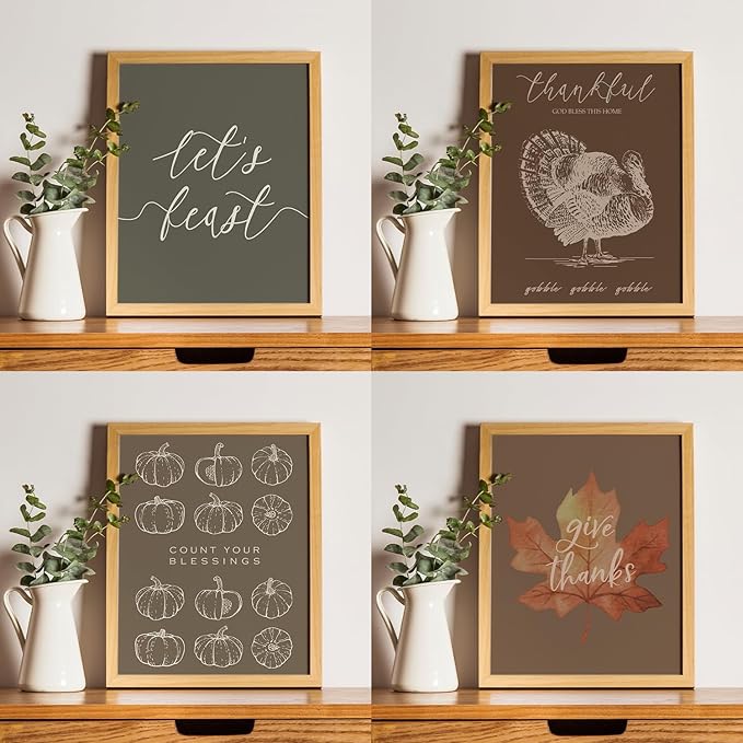 JXREQ Thankful Turkey Pumpkin Wall Decor Maple Leaves Posters, Let's Feast Thanksgiving Harvest Wall Decor, Fall Wall Art Prints for Kitchen Bedroom Living Room Office 4Pcs, 8x10 Inch Unframed