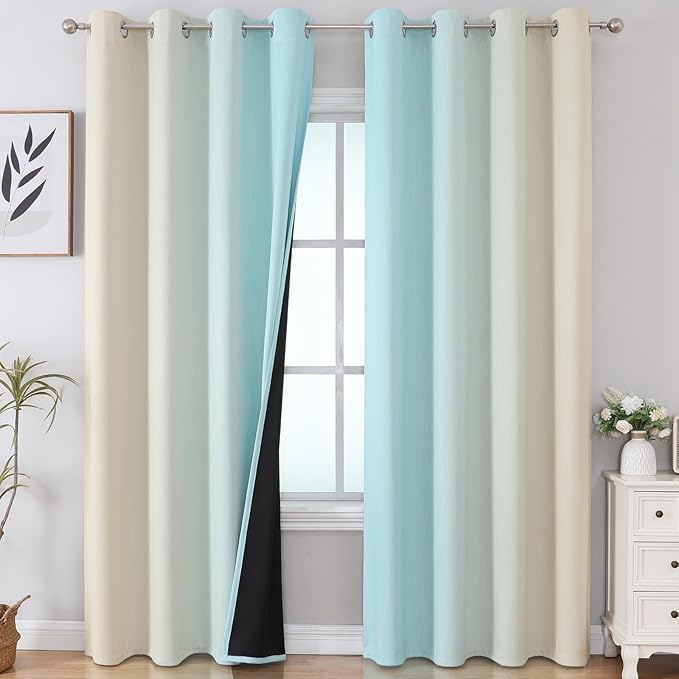 Estelar Textiler Beige and Aqua Blackout Curtains for Bedroom, Thermal Insulated Drapes 108 Inches Long, Full Light Blocking Energy Saving Long Curtains for Living Room, 52Wx108L, 2 Panels