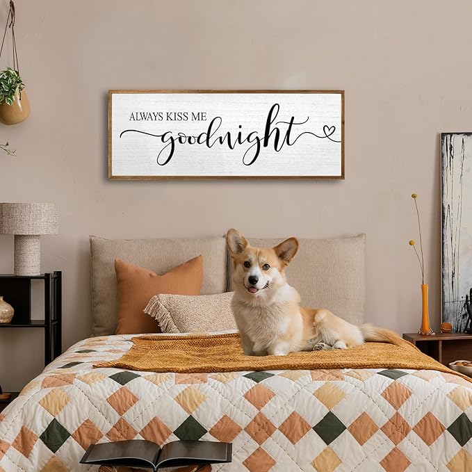 Always Kiss Me Goodnight Wall Sign 40''×15'' Vintage Master Bedroom Above Bed Farmhouse Wooden Framed Family Wall Decor for Larg Couples Over Bed Wall Art Decoration (Wood)
