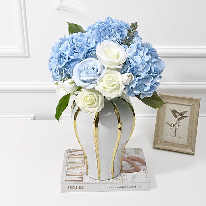 Artflower 4Pcs Real Touch Hydrangea Artificial Flowers, 22.5'' Blue Full Latex Faux Hydrangea Flowers for Home Floral Arrangements Wedding Bouquets Kitchen Table Centerpiece Decorations