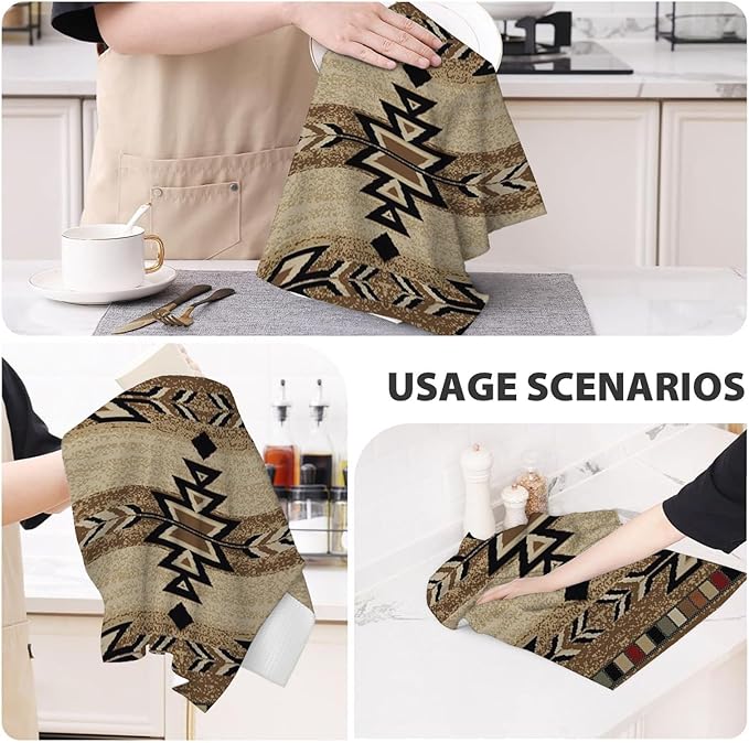 Western Kitchen Towels 16x24 Inch Brown Black Boho Aztec Decor Dish Towels Rustic Beige Native Geometic American Decoration Hand Towels Absorbent Dish Cloths for Home Kitchen Dining Set of 2