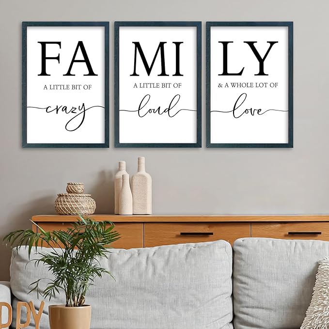 SRSZHIYUE Family Wall Art A Little Bit Of Crazy Loud Sign Wall Decor Art Set of 3 16"×11" Prints Wood Framed for Large Rustic Farmhouse Minimalist Living Room Entryway Wall Hanging (Black)