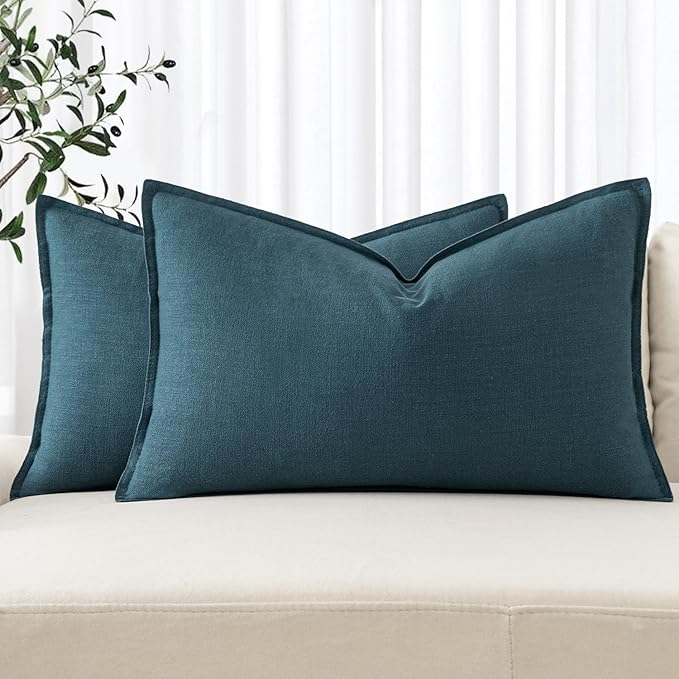 MIULEE Decorative Linen Lumbar Pillow Covers 12x20 Inch Blue Boho Farmhouse Neutral Couch Throw Pillows for Bed Pack of 2 Accent Coastal Modern Pillowcase Summer Sofa Livingroom Home Decor