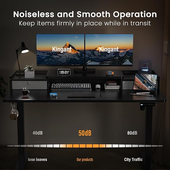 Kingant 55 x 30 Inch Standing Desk with Drawers, Adjustable Height Electric Sit Stand Desk with Storage Shelf, Rising Stand Up Computer Desk for Home Office Workstation, 3 Preset Heights