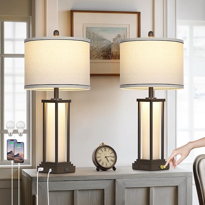 27in Tall Farmhouse Table Lamp Set of 2 with USB C+A & Outlet,Brown Industrial End Table Lamp for Living Room,Vintage Rustic Bedside Lamps with Night Light for Bedroom Nightstand,Brown