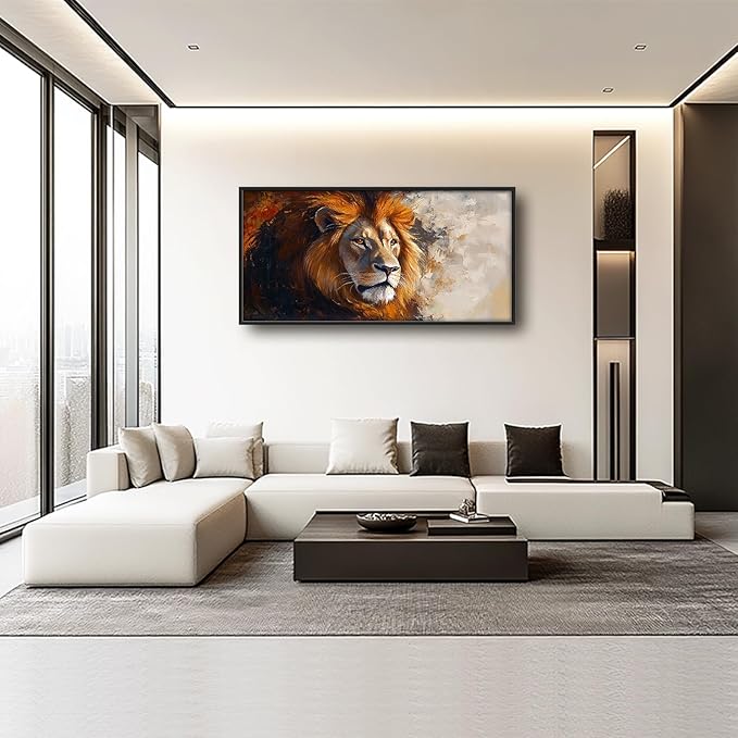 Lion Framed Wall Art for Living Room, Large Brown Lion Canvas Wall Decor, Wild Animal Pictures Painting, Modern Artwork for Bathroom Bedroom Office 60L'' × 30W''