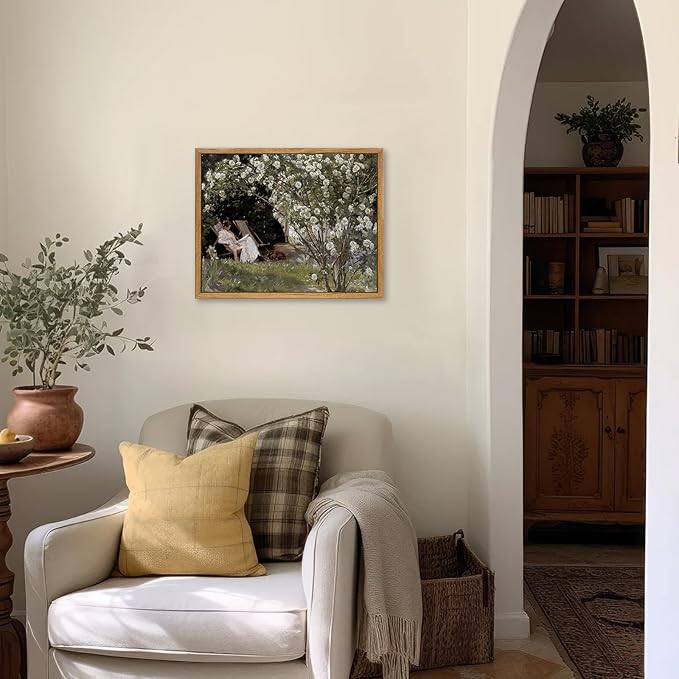 KBKBART Framed Vintage Canvas Wall Art, Retro French Country Garden Women Flower Classical Painting Bedroom Art Print, Rustic Vintage Wall Decor Ready To Hang for Bathroom, Living Room, Office,