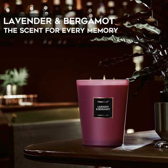 HomeLights Highly Scented Soy Candles Big 33.3 oz for Home. 3 Cotton Wicks, Smokeless Long Lasting 130 hrs in Lavender & Bergamot. 5x6, Great Gift for Women & Men