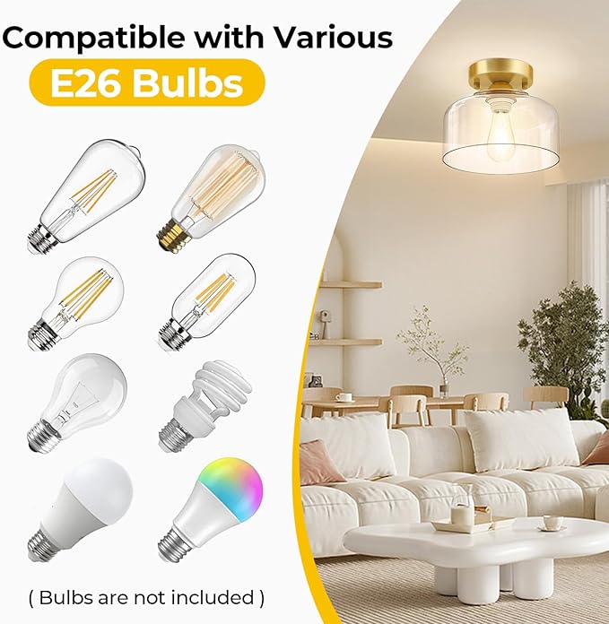 Semi Flush Mount Ceiling Light Brushed Gold - Clear Glass Pendant Lamp Shade, Modern Farmhouse Light Fixture for Hallway Corridor Kitchen Entryway Bedroom, Bulb Not Included