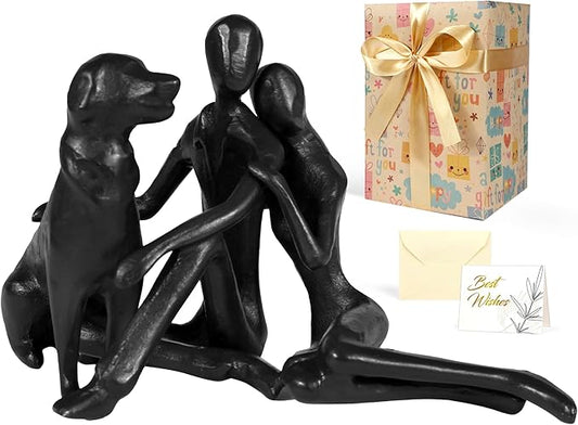 Sweet Couple & Dog Statue Cast Iron Sculpture Decor, Wedding Anniversary Love Gifts for Couple Women Men Wife Husband Her Him Girlfriend Boyfriend, for Wife Husband Birthday