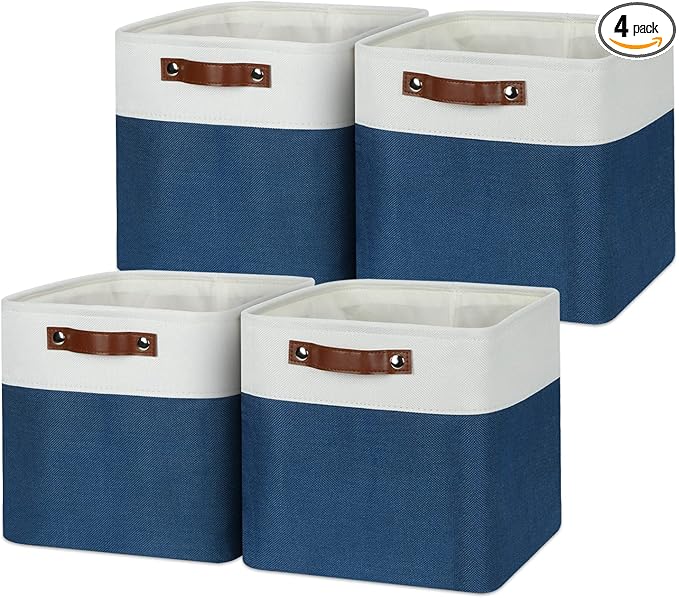 Temary Fabric Storage Cubes 11x11 Cube Storage Bins 4Pack Blue Storage Baskets for Organizing Home, Closet, Empty Gift Baskets with Handles (White&Blue)