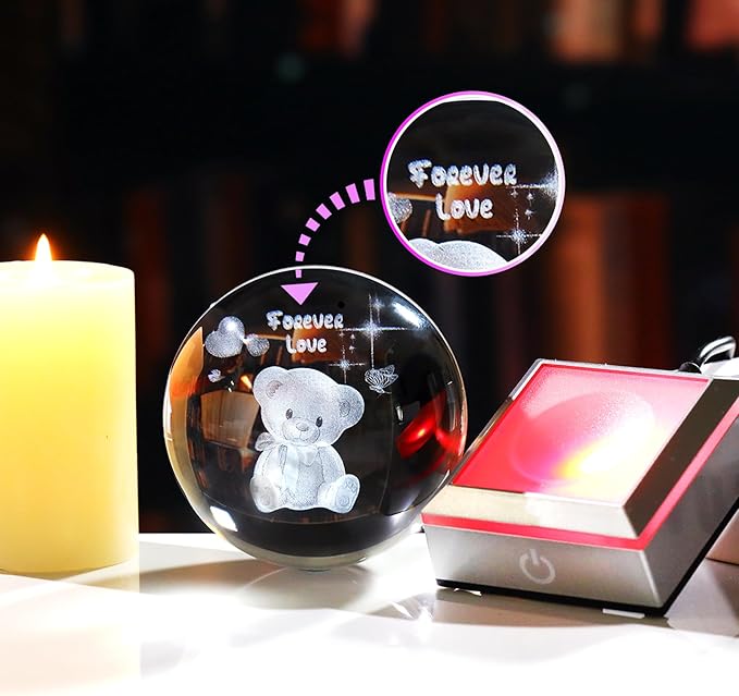 Ornalrist 3D Crystal Ball Engraved Bear and Forever Love Text with LED Base 3.15'' - Gifts for Woman, Girlfriend, Wife on Birthday, Valentine's Day Anniversary - Bear Figurine Collection Home Decor