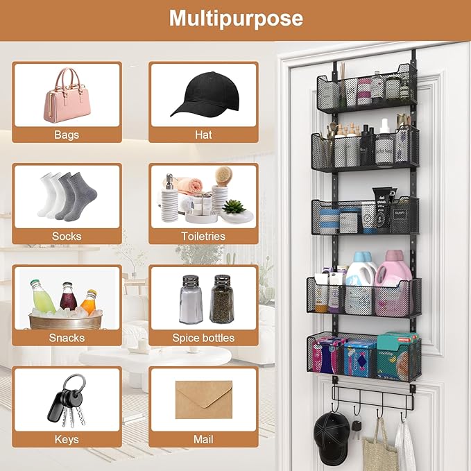 Over The Door Organizer, Metal Door Organizer Hanging with 5 Adjustable Baskets and Coat Hook, Behind The Door Storage for Bedroom Closet Bathroom Pantry Cabinet Kitchen, Black