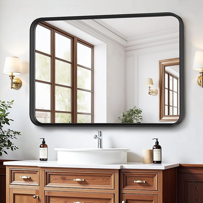 Bathroom Mirror 36x24 Inch Black Metal Framed Rounded Rectangle Vanity Mirror for Wall, Over Sink, Farmhouse, Restroom, Anti-Rust, Modern Decorative, Horizontal or Vertical Hanging