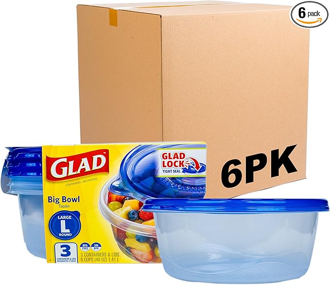 Glad GladWare Big Bowl Food Storage Containers, Large Round Bowl Holds 48 Ounces of Food Food Storage Containers for Everyday Use to Preserve Freshness, 3 Count - 6 Pack