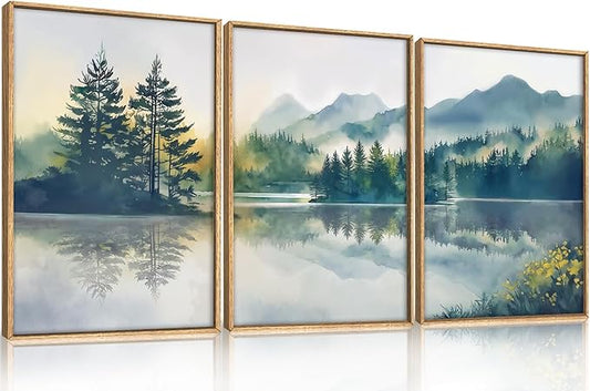 HPNIUB Large Green Mountain Framed Canvas Wall Art Set, Nature Foggy Forest Lake Reflection Wall Decor,Modern Pine Tree Artwork,Watercolor Landscape Art Print for Living Room,Bedroom,Office-16 x24 x3