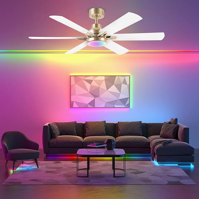 52in Ceiling Fans with Lights RGB Ceiling Fan with Light and Remote/APP Control,Low Profile Ceiling Fans with Lights for Bedroom,Living Room,Kids Room,3CCT Dimmable Modern Ceiling Fan, 8 Speeds,White