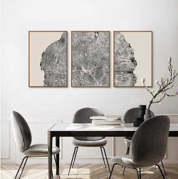CHDITB Framed Wood Tree Rings Wall Art Set, 16x24in Black and White Canvas Art Wall Decor, Abstract Nature Wall Pictures Prints, Modern Paintings Wall Art for Living Room, Bedroom, Farmhouse(3Pcs)
