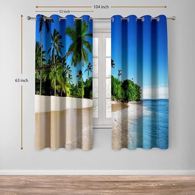 Jekeno Ocean Beach Palm Tree Blackout Curtains Tropical Ocean Decor for Bedroom Living Room with Beach Blue Sky Sunny Scene Grommet Window Drapes 2 Panel Set, 52"x63"