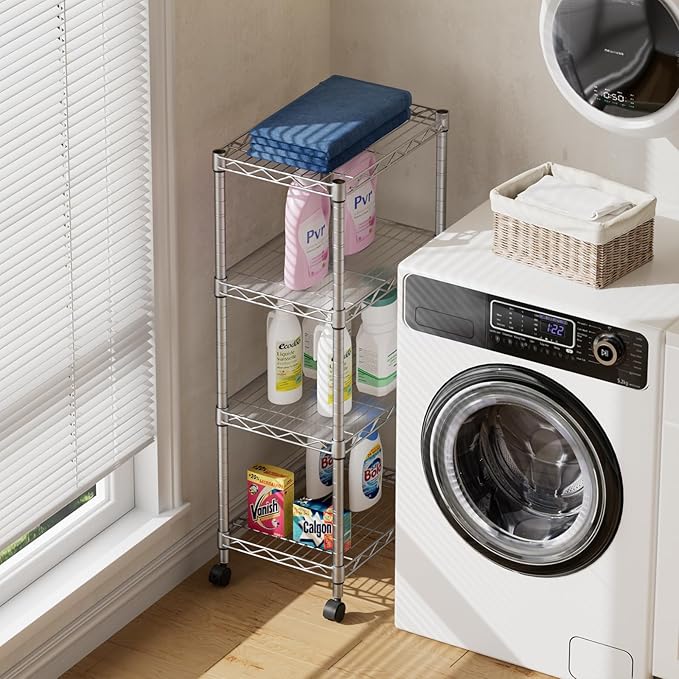 SINGAYE 4 Small Shelves Storage Shelf Wire Shelving Unit Metal Shelf Adjustable Organizers Storage Shelving with Wheels for Bathroom Laundry Room Kitchen Pantry