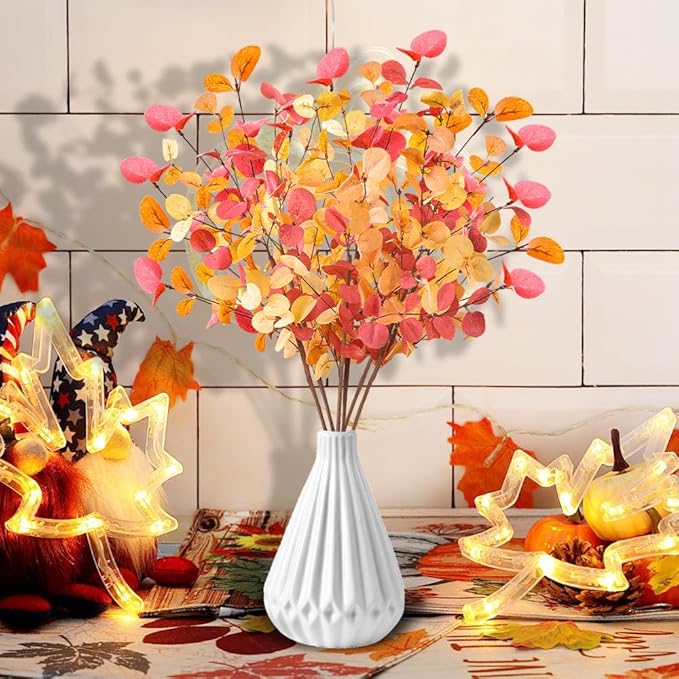 6Pcs Fall Artificial Flowers 27.6’’ Orange Autumn Eucalyptus Stems for Table Centerpieces Faux Eucalyptus Leaves Branches for Thanksgiving Floral Arrangements Home Party Decoration