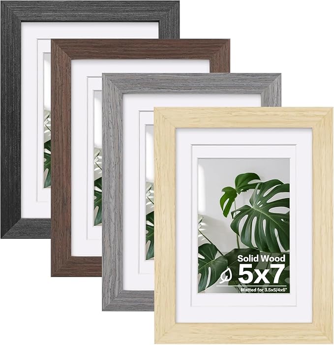 Egofine 5x7 Picture Frame Set of 4, Made of Solid Wood Multicolor Photo Frames Covered by Plexiglass 3.5x5 and 4x6 with Mat or 5x7 without Mat, for Table Top Display and Wall Mounting Mixed Colors