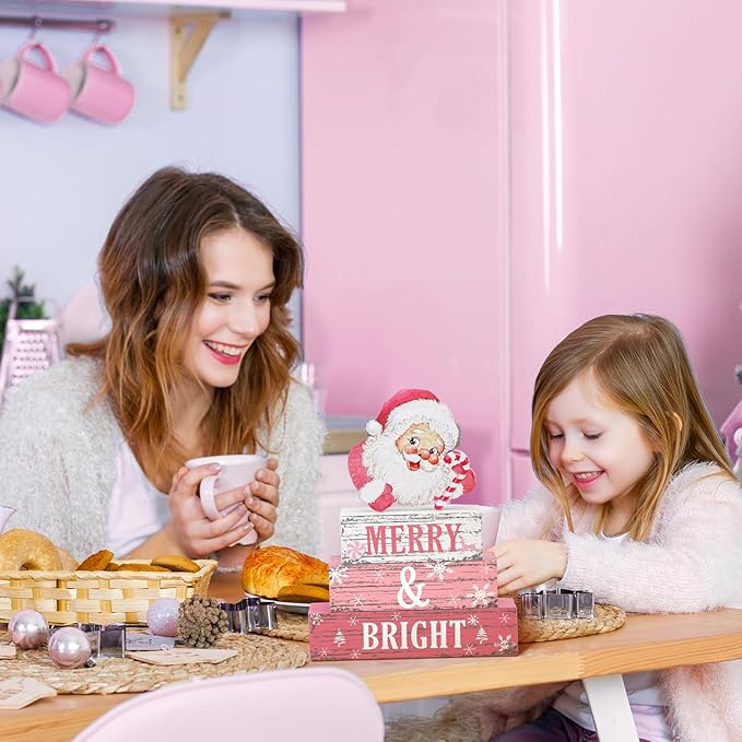 Geelin 4 Pcs Christmas Wooden Tabletop Decor Pink Winter Santa Tiered Tray Decor Christmas Centerpiece Rustic Decorative Block Signs Gift Farmhouse Table Decoration for Home Kitchen