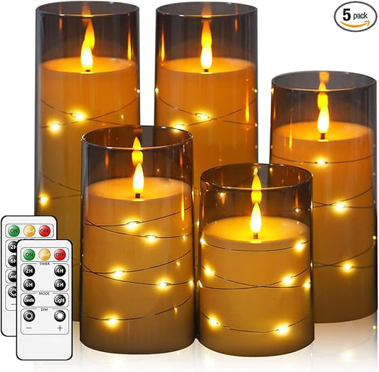 Flameless Candles,with Embedded Star String, Battery Operated Candles Flickering LED Pillar Candles with Remote Control and Timer, Home Decoration ，Set of 5 (D 3"×H 4" 5" 6" 8" 8") (Grey)