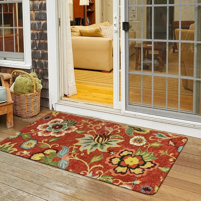 Lahome Red Floral Runner Rug 2x4 Washable Hallway Runner Rugs, Non-Slip Kitchen Rugs Runner Vintage Christmas Throw Area Rug Runners Carpet for Hallway Bathroom Entryway Laundry Room Rug (2'x4', Red)