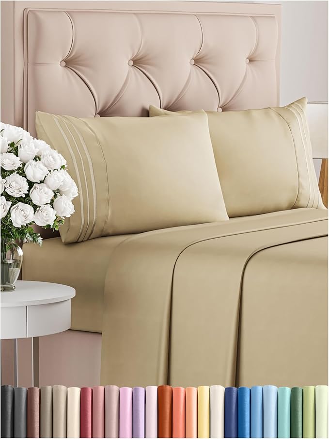 Full Size 4 Piece Sheet Set - Comfy Breathable & Cooling Bed Sheets Set - Hotel Luxury Bedding for Women, Men, Kids, Teens, Boys & Girls - Deep Pockets, Ultra-Soft and Wrinkle Free - Oeko-Tex - Beige