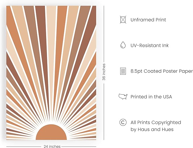 HAUS AND HUES Boho Art Prints Sun Wall Decor - Sun Art Print Boho Posters and Prints Wall Decor Rainbow Colored Sunshine Wall Art (Unframed, 24x36)