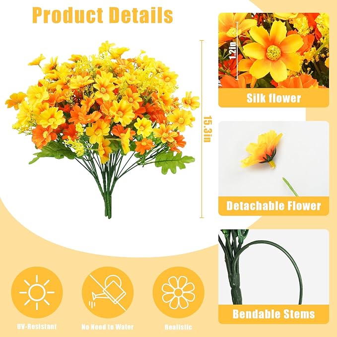 Uieke 12 Bundles Artificial Flowers for Outdoors UV Resistant Fake Daisy Mums Flowers Bulk No Fade Greenery Shrubs for Outside Home Wedding Window Box Garden Porch Fall Décor (Orange Yellow)