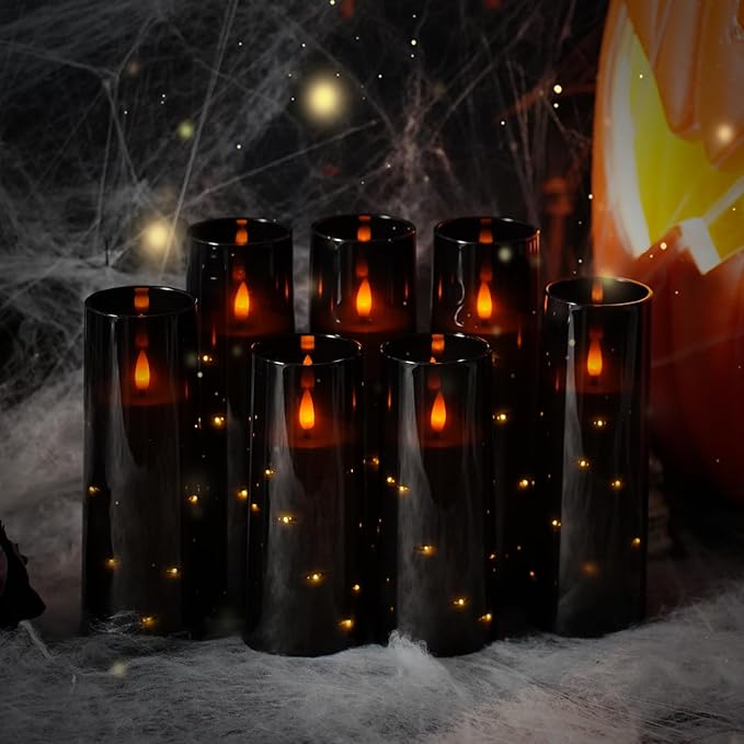 Flameless Candles,with Embedded Star String, Battery Operated Candles Flickering LED Pillar Candles with Remote Control and Timer, Home Decoration Add a Warm and Romantic Atmosphere，Set of 7 (Black)