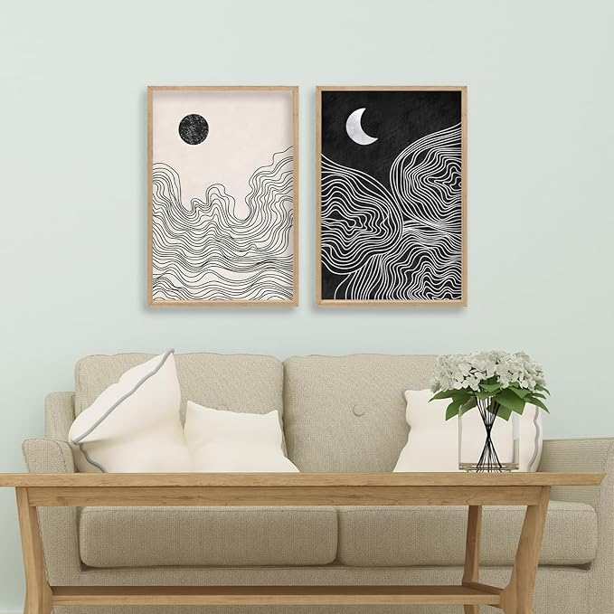 Black and White Sun Moon Boho Wall Art 16"x11" 2 Pieces Wooden Framed Mid Century Abstract Minimalist Home Sign for Living Room Bedroom Office Neutral Wall HangIing Decor (Wood)