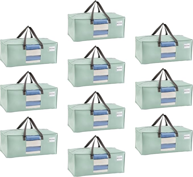 VENO 10 Pack Moving Bags for College, Heavy-Duty Storage Totes, Moving Boxes and Wardrobe Packing Supplies Alternative - Extra Large Durable Laundry Bags for Clothes (Shiny Light Green, 10 Pack)