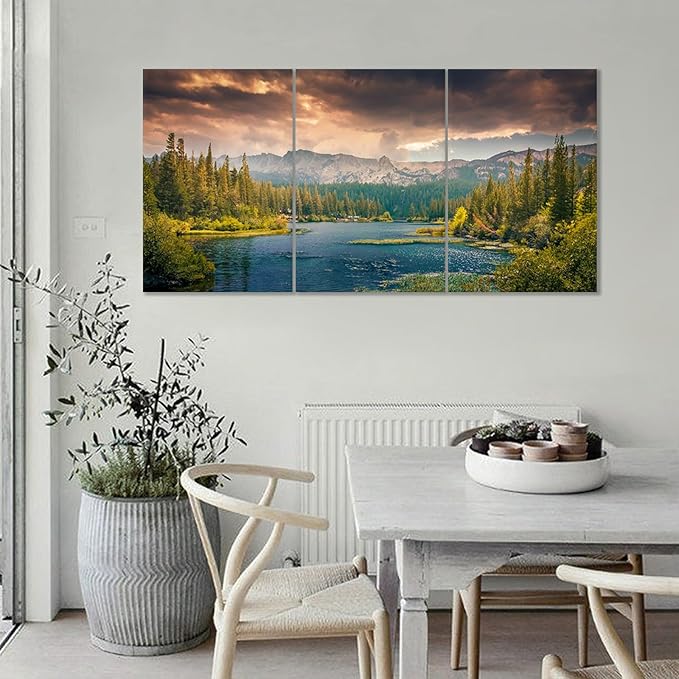 Landscape Canvas Poster Wall Art Home Decor Lake Mountain Forest Nature Park Theme Picture Print Modern Wall Painting Artwork for Living Room Hotel Gym Office Stretched and Framed [48''Hx24''W]