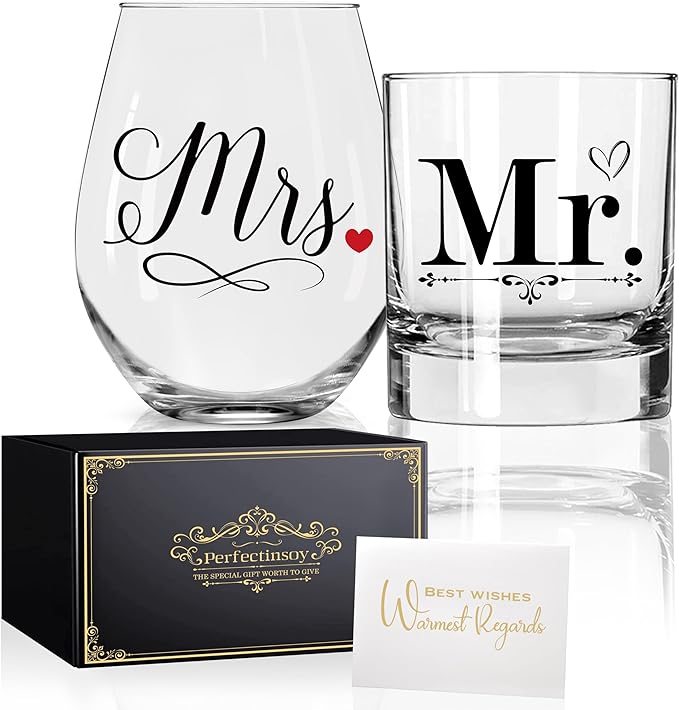 Perfectinsoy Mr Whiskey Glasses and Mrs Wine Glasses Gift Set, Funny Anniversary Wine Glass Gifts for Couples, Wedding Anniversary Birthday Gifts for Wife Husband Dad Mom Couple SoulMate