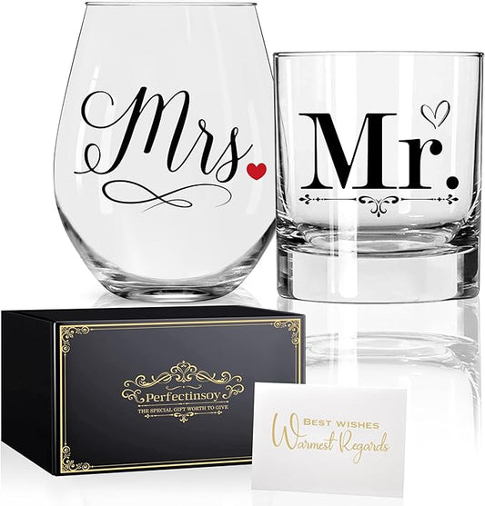 Perfectinsoy Mr Whiskey Glasses and Mrs Wine Glasses Gift Set, Funny Anniversary Wine Glass Gifts for Couples, Wedding Anniversary Birthday Gifts for Wife Husband Dad Mom Couple SoulMate