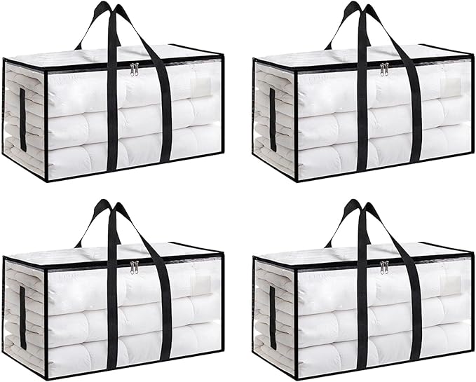 4 Pack-Extra Large Heavy Duty Moving Bags - Waterproof Storage Totes with Handles & Zippers, Foldable for College Dorm, Storage (Clear)
