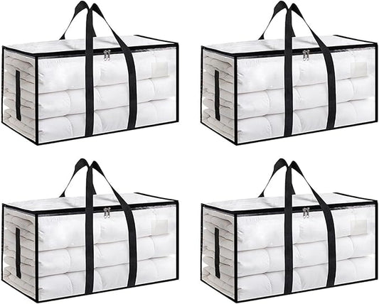 4 Pack-Extra Large Heavy Duty Moving Bags - Waterproof Storage Totes with Handles & Zippers, Foldable for College Dorm, Storage (Clear)