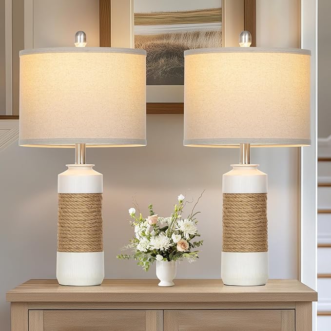 Boho Table Lamps for Bedroom Nightstand 25.5" Farmhouse Bedside lamp Set of 2,Rattan Lamps Cottage Lamps for Living Room End Table Side Table (Include Bulbs)
