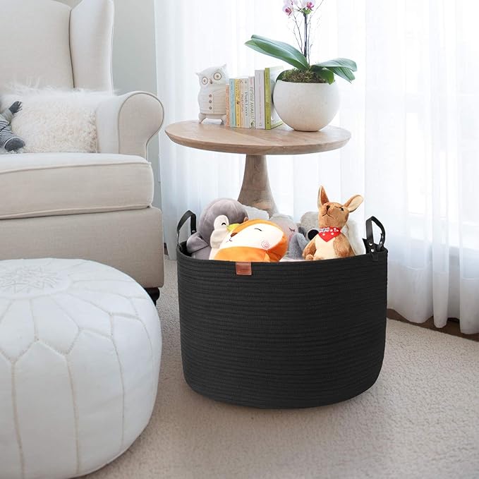 Extra Large Storage Laundry Basket 22" X 22"X 14" Cotton Rope Woven for Blanket Basket with Handles for Living Room Toys Storage XXXL (Pure Blk)