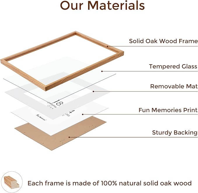 18x24 Picture Frame, Solid Oak Wood 18 x 24 Frame for Wall, 18 by 24 Oak Poster Frame with Real Glass, 18x24 Matted frame for 16x20, 18"x24" Wood Frame for Home Decor, Natural Oak Color, Set of 1