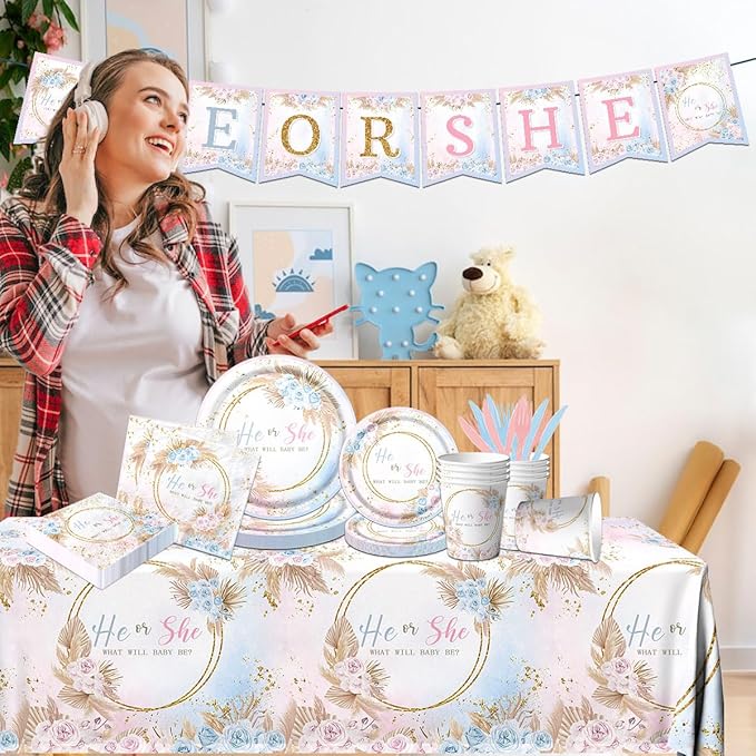 Boho Baby Shower Decorations - 142Pcs Gender Reveal Plates,Napkins,Tablecloth He or She What Will Baby Be Party Tableware for Boy or Girl Gender Reveal,Neutral Baby Shower Party Supplies
