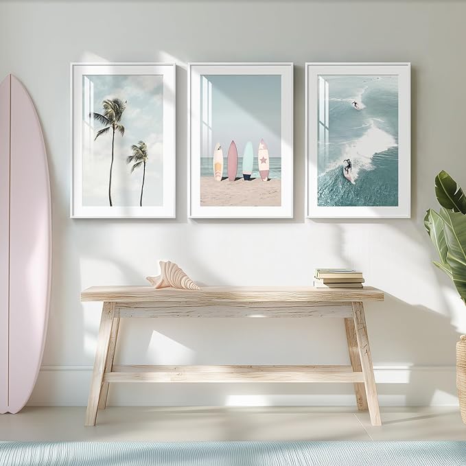 Framed Coastal Wall Art for Living Room, 3 Piece Beach Surfboard Palm Tree Artwork for Walls, Large Ocean Surfing Seascape Picture Prints, Beach Coastal Wall Decor for Bedroom Hallway Office, 16x24 In