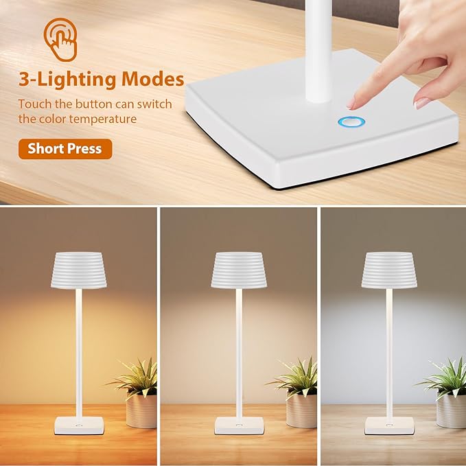 LED 2Pack Cordless Table Lamps Rechargeable,Battery 6000mAh LED Portable Lights for Outdoor/Patio/Restaurant/Indoor Desk Lamp - IP54 Waterproof 3 Colors Stepless Dimming (2pack White)