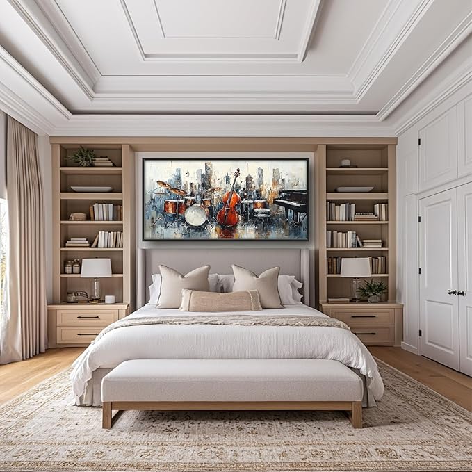 Flintis Large Music Cello Framed Wall Art Musical Piano Pictures Wall Decor Abstract Drums and Basses Canvas Painting Print Artworks Decor Framed for Living Room Bathroom Master Bedroom 60L X 30W