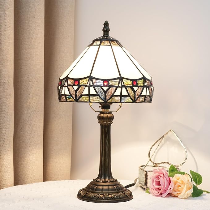 Tiffany Lamp 8 Inch Small Stained Glass Table Lamp with Roman Nordic Style Design Warm Color Reading Light Dining Rooms Bedrooms Offices Study Rooms Tiffany Style Retro Home Decoration Crafts (White)
